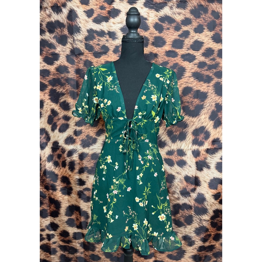 Floral Tie Neck Ruffle Hem Puff Sleeve Mini Dress